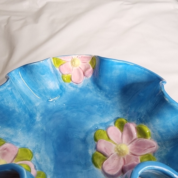Handmade Ceramic Dish Glazed Blue with Pink Flowers 7" Unique Wavy Edge Bowl - Picture 10 of 14